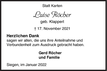 Traueranzeige von Luise Röcher von Siegener Zeitung