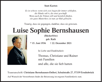 Traueranzeige von Luise Sophie Bernshausen von Siegener Zeitung