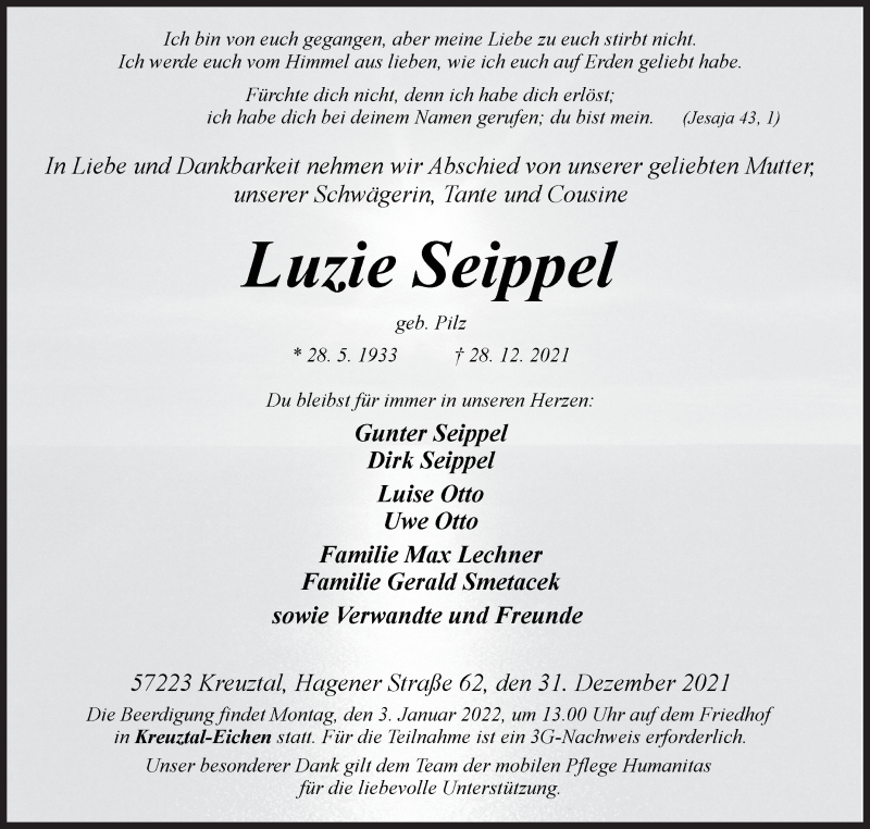 Traueranzeige für Luzie Seippel vom 31.12.2021 aus Siegener Zeitung