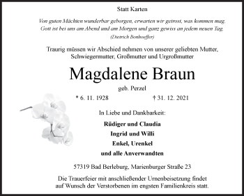 Traueranzeige von Magdalene Braun von Siegener Zeitung