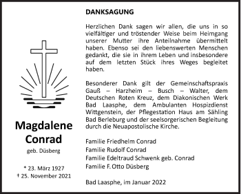 Traueranzeige von Magdalene Conrad von Siegener Zeitung