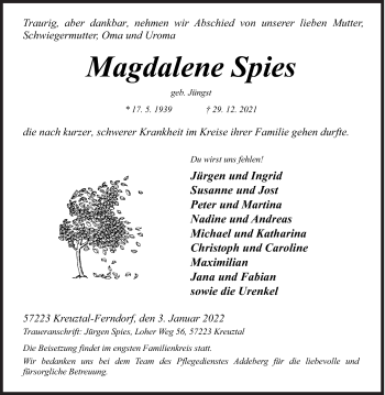 Traueranzeige von Magdalene Spies von Siegener Zeitung