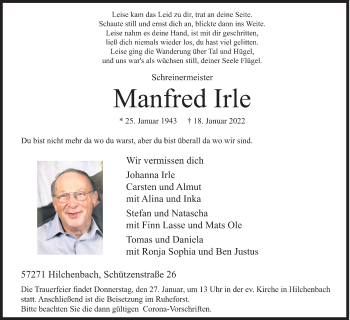 Traueranzeige von Manfred Irle von Siegener Zeitung