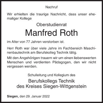 Traueranzeige von Manfred Roth von Siegener Zeitung