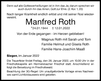 Traueranzeige von Manfred Roth von Siegener Zeitung