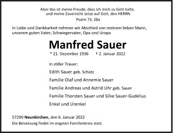 Traueranzeige von Manfred Sauer von Siegener Zeitung