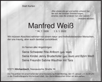 Traueranzeige von Manfred Weiß von Siegener Zeitung