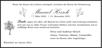 Traueranzeige von Manuel Hirsch von Siegener Zeitung