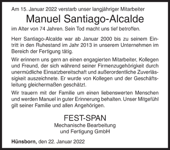 Traueranzeige von Manuel Santiago-Alcalde von Siegener Zeitung