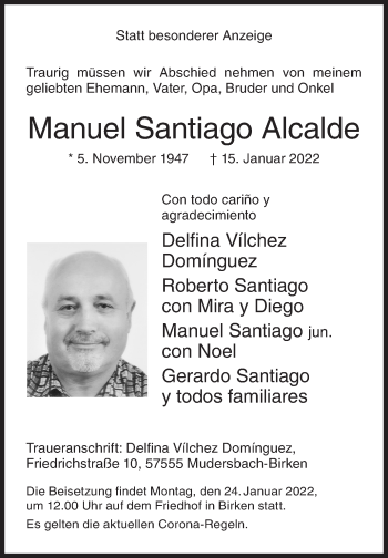 Traueranzeige von Manuel Santiago Alcalde von Siegener Zeitung