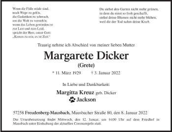 Traueranzeige von Margarete Dicker von Siegener Zeitung
