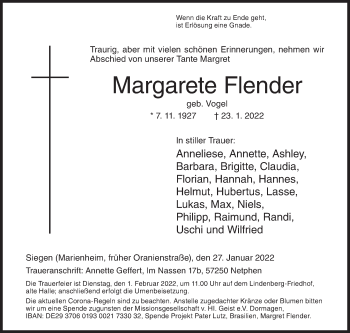 Traueranzeige von Margarete Flender von Siegener Zeitung