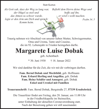 Traueranzeige von Margarete Luise Dobak von Siegener Zeitung
