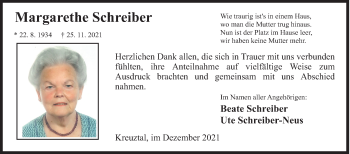 Traueranzeige von Margarethe Schreiber von Siegener Zeitung