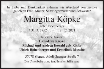 Traueranzeige von Margitta Köpke von Siegener Zeitung