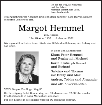 Traueranzeige von Margot Hemmel von Siegener Zeitung