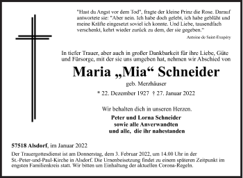 Traueranzeige von Maria Schneider von Siegener Zeitung