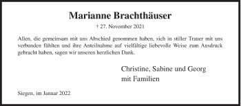 Traueranzeige von Marianne Brachthäuser von Siegener Zeitung
