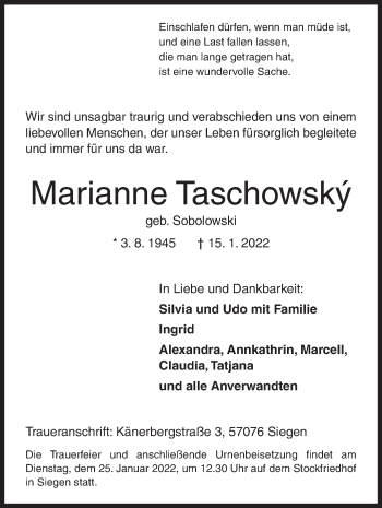 Traueranzeige von Marianne Taschowský von Siegener Zeitung