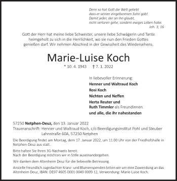 Traueranzeige von Marie-Luise Koch von Siegener Zeitung