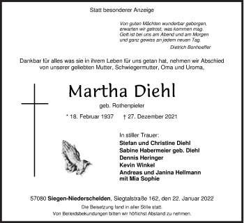 Traueranzeige von Martha Diehl von Siegener Zeitung