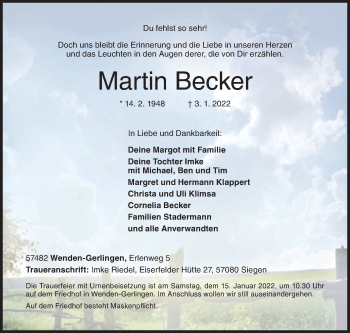 Traueranzeige von Martin Becker von Siegener Zeitung