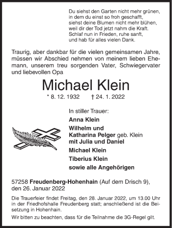 Traueranzeige von Michael Klein von Siegener Zeitung