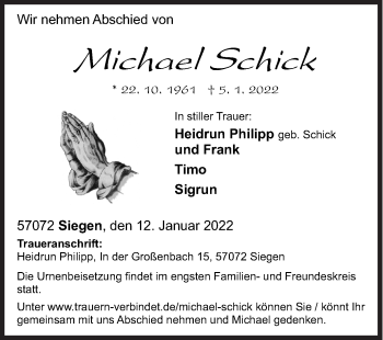 Traueranzeige von Michael Schick von Siegener Zeitung