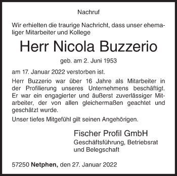 Traueranzeige von Nicola Buzzerio von Siegener Zeitung