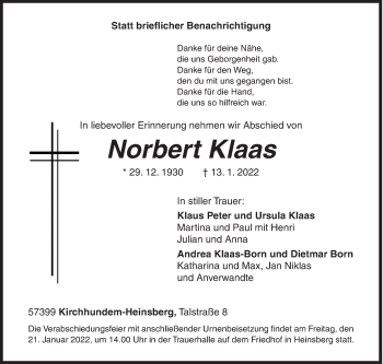 Traueranzeige von Norbert Klaas von Siegener Zeitung