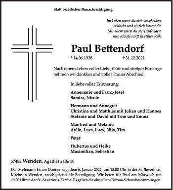Traueranzeige von Paul Bettendorf von Siegener Zeitung