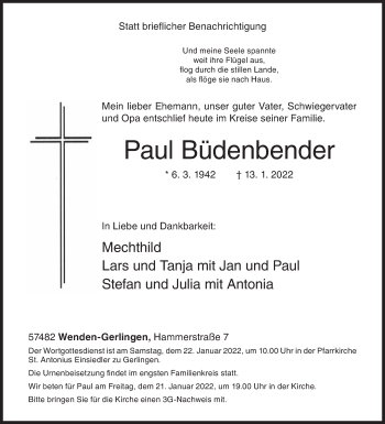 Traueranzeige von Paul Büdenbender von Siegener Zeitung