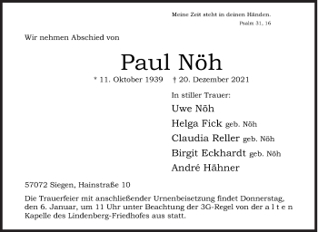 Traueranzeige von Paul Nöh von Siegener Zeitung
