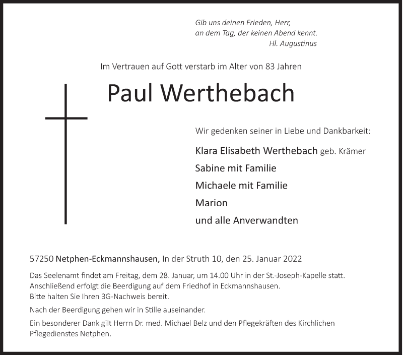  Traueranzeige für Paul Werthebach vom 25.01.2022 aus Siegener Zeitung