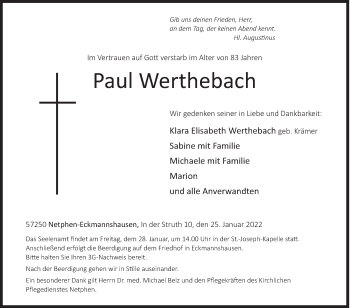 Traueranzeige von Paul Werthebach von Siegener Zeitung