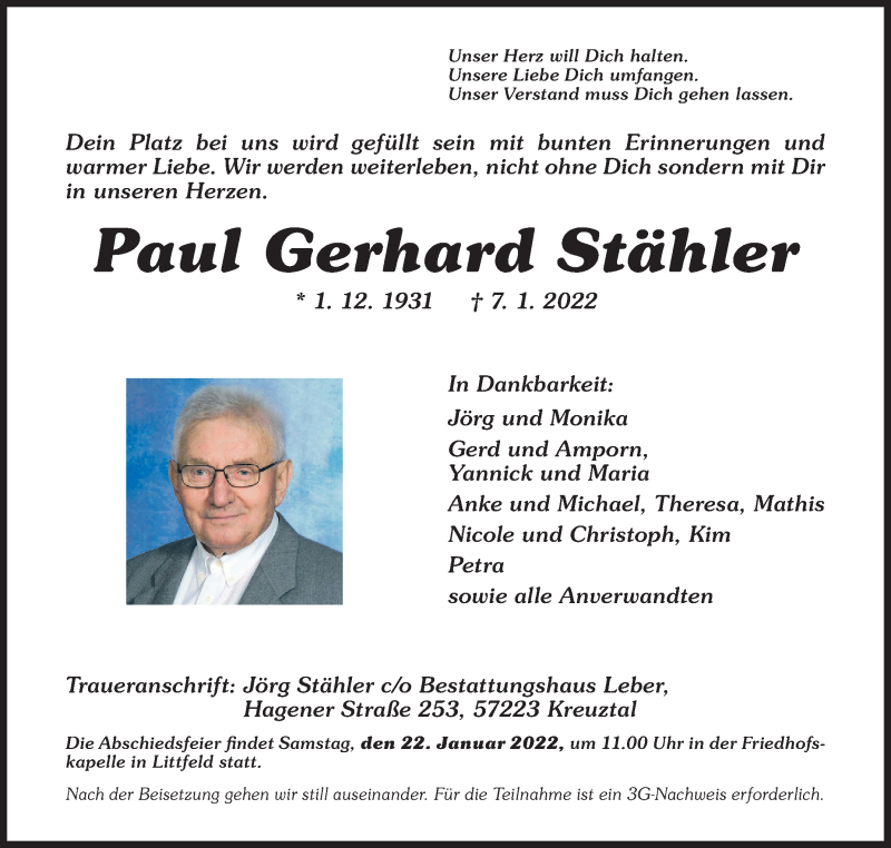  Traueranzeige für Paul Gerhard Stähler vom 15.01.2022 aus Siegener Zeitung