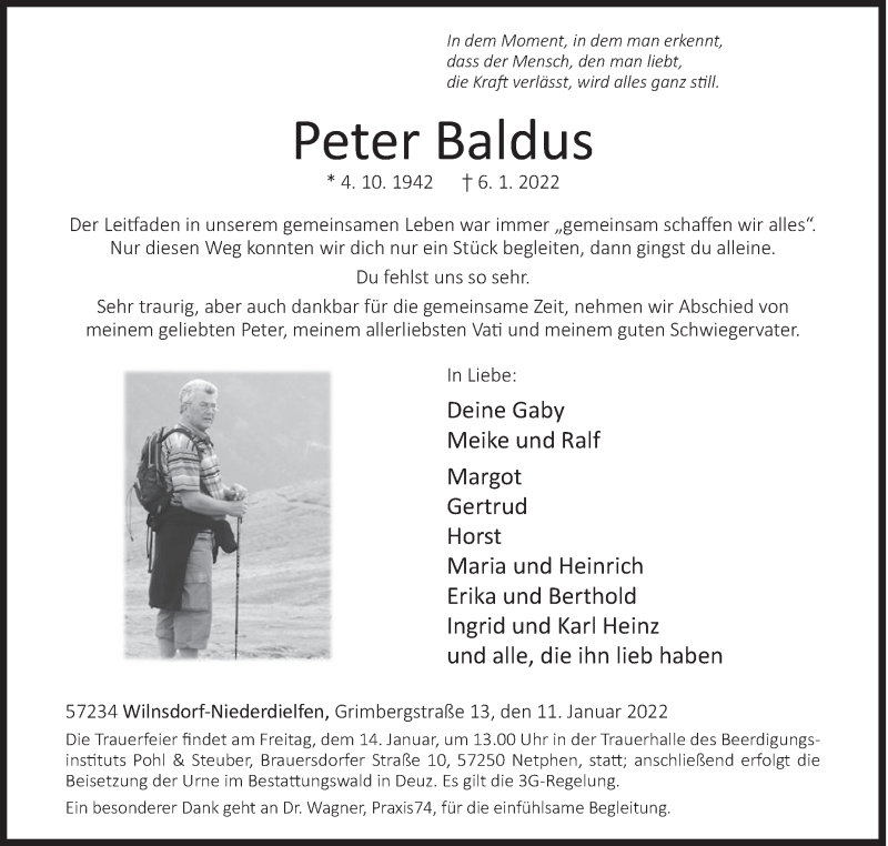  Traueranzeige für Peter Baldus vom 11.01.2022 aus Siegener Zeitung