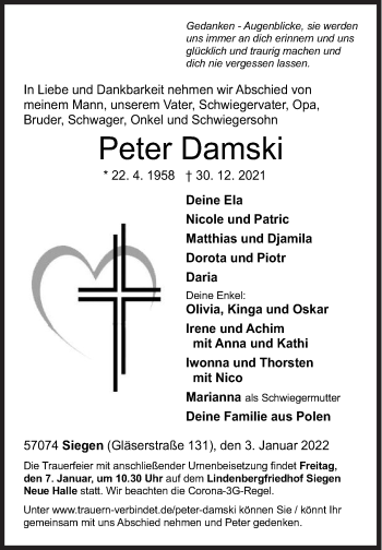 Traueranzeige von Peter Damski von Siegener Zeitung