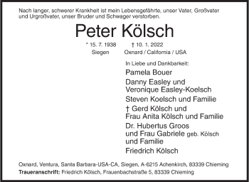 Traueranzeige von Peter Kölsch von Siegener Zeitung