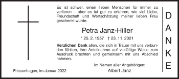 Traueranzeige von Petra Janz-Hiller von Siegener Zeitung