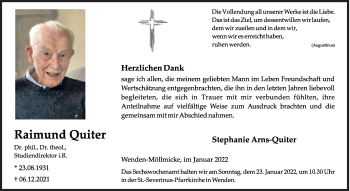 Traueranzeige von Raimund Quiter von Siegener Zeitung