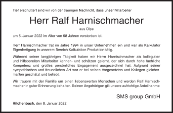 Traueranzeige von Ralf Harnischmacher von Siegener Zeitung
