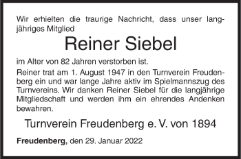 Traueranzeige von Reiner Siebel von Siegener Zeitung