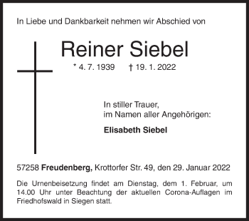 Traueranzeige von Reiner Siebel von Siegener Zeitung