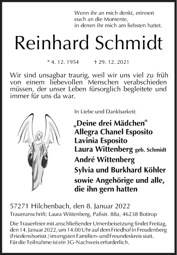 Traueranzeige von Reinhard Schmidt von Siegener Zeitung