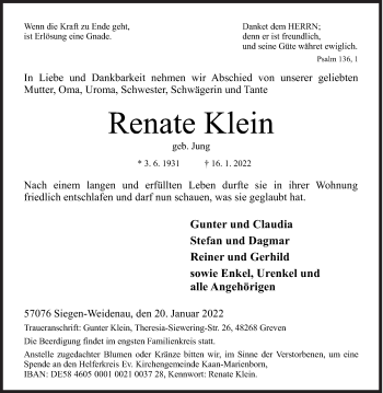 Traueranzeige von Renate Klein von Siegener Zeitung