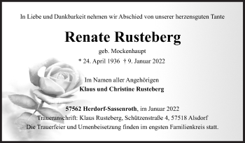 Traueranzeige von Renate Rusteberg von Siegener Zeitung