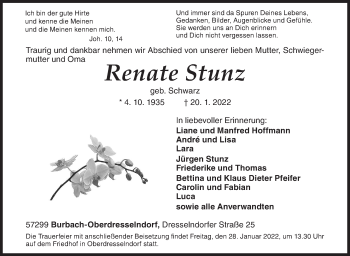 Traueranzeige von Renate Stunz von Siegener Zeitung