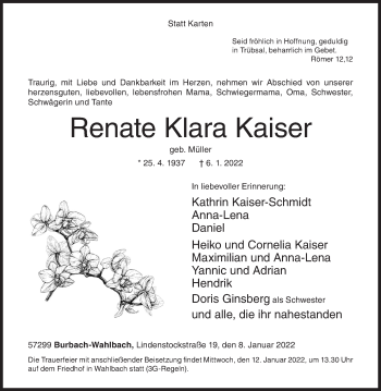 Traueranzeige von Renate Klara Kaiser von Siegener Zeitung