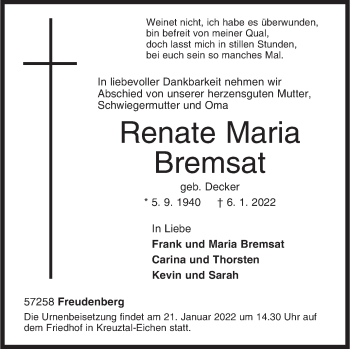 Traueranzeige von Renate Maria Bremsat von Siegener Zeitung